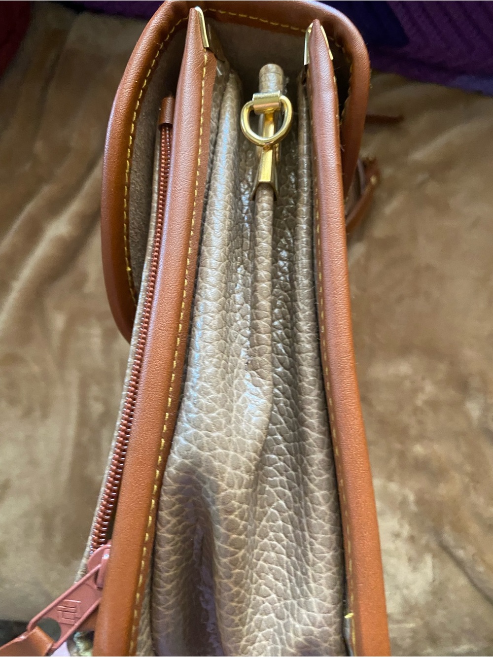 Dooney & Burke Pebbled Taupe Satchel Turn Lock with Tan Trim and Gold Hardware - Picture 6 of 16